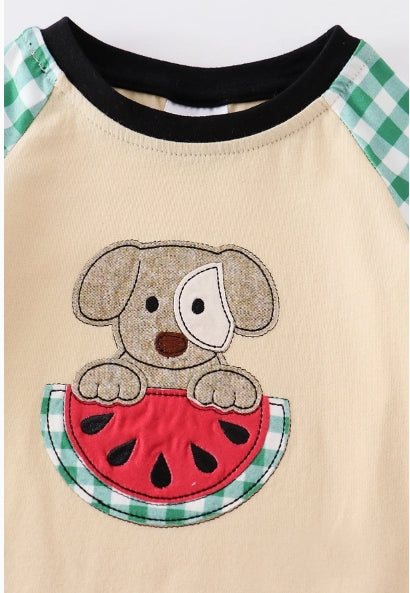 Beige Dog Watermelon Applique Plaid