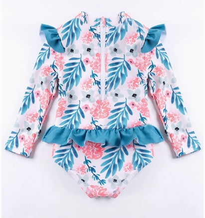 Blue Floral Ruffle Girl Long Sleeve Swimsuit