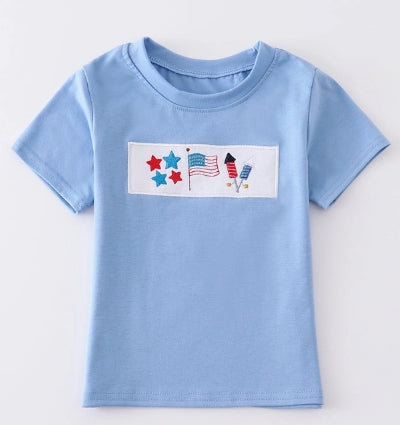 Blue Patriotic Flag Embroidery Boy Top