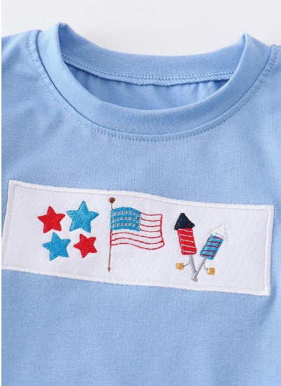 Blue Patriotic Flag Embroidery Boy Top