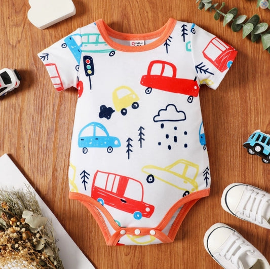 Cartoon Vehicle Ful Striped Short-Sleeve Romper