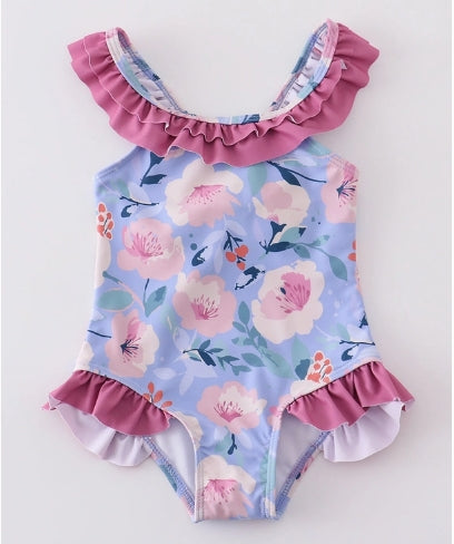 Floral pint ruffle girl swimsuit