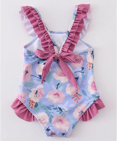 Floral pint ruffle girl swimsuit