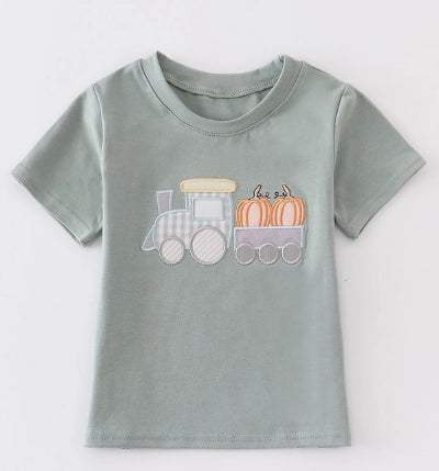 Green Train Pumpkin Applique Boy Top