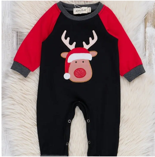 Grey & Red Embroidered Reindeer Raglan Romper