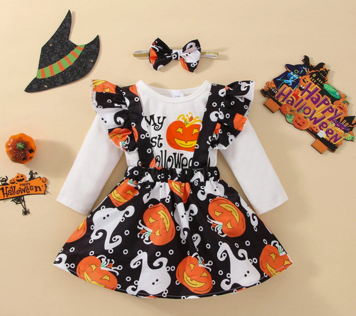 Halloween 3pcs Baby Romper Set with Allover Pumpkin & Ghost