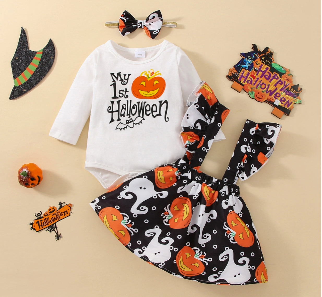 Halloween 3pcs Baby Romper Set with Allover Pumpkin & Ghost