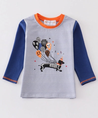 Halloween Stripe Dog Applique Boy Top