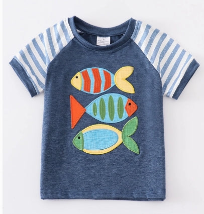 Navy Stripe Fish Applique Boy Top