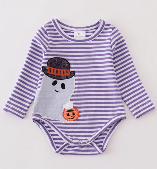 Purple Stripe Ghost Pumpkin Applique Boy Romper