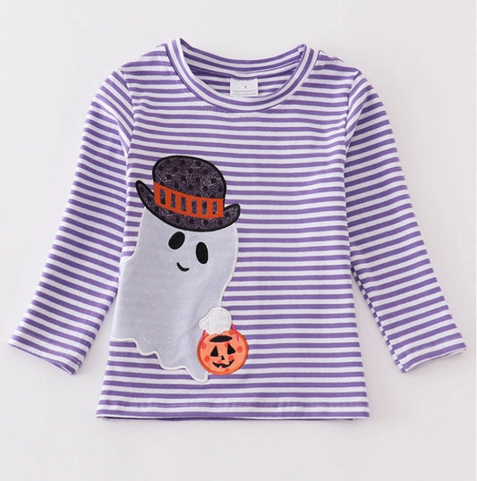 Purple Stripe Ghost Pumpkin Applique Boy Top