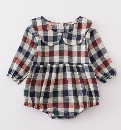 Navy Vintage Plaid Baby Girl Romper