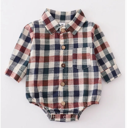 Navy Vintage Plaid Button Down Boy Romper