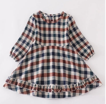 Navy Vintage Ruffle Plaid Dress