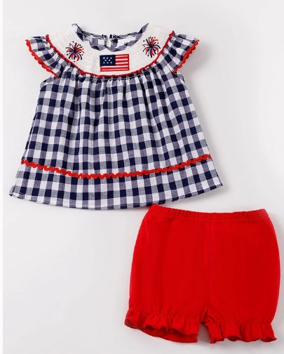 Blue Plaid Flag Smocked Baby Set