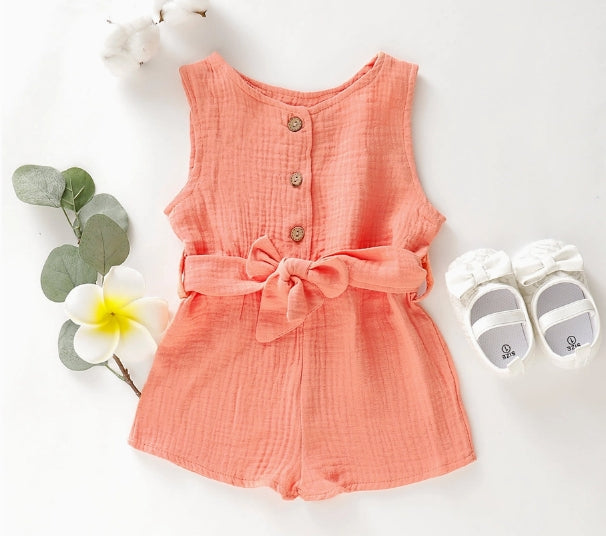 Cotton Crepe Sleeveless Button Up Belt Romper