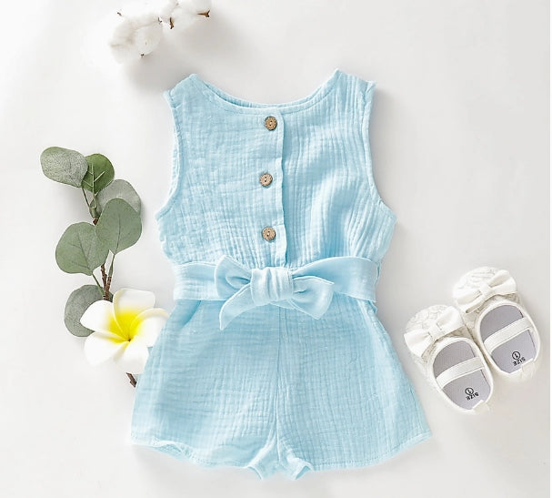 Cotton Crepe Sleeveless Button Up Belt Romper